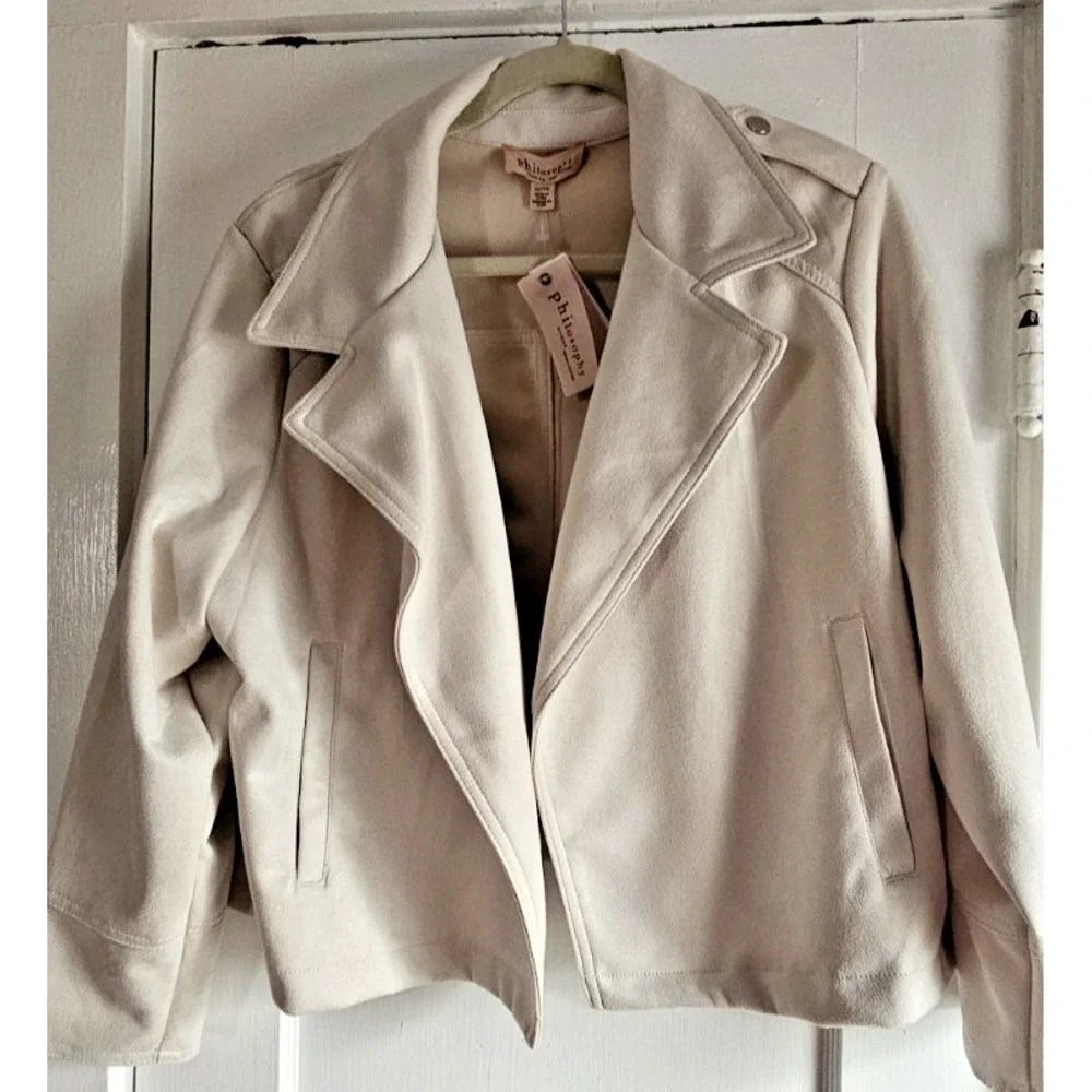 NWT Philosophy woman Sz 1X cream faux leather suede‎ open front moto jacket